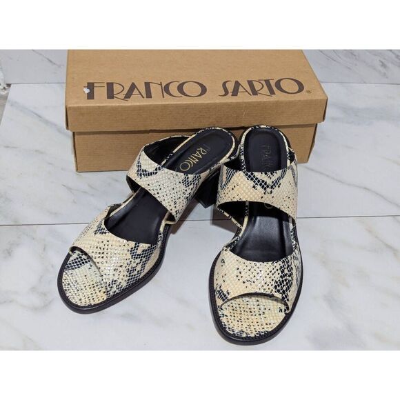 Franco Sarto Women's Cream & Black Snake Skin Block Heel Sandals Size 9.5 - Picture 1 of 7